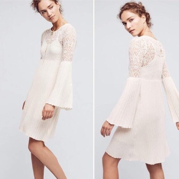 Anthropologie Floreat Serena Bell Sleeve Sweater Dress Lace Crochet Medium Ivory - Picture 1 of 4